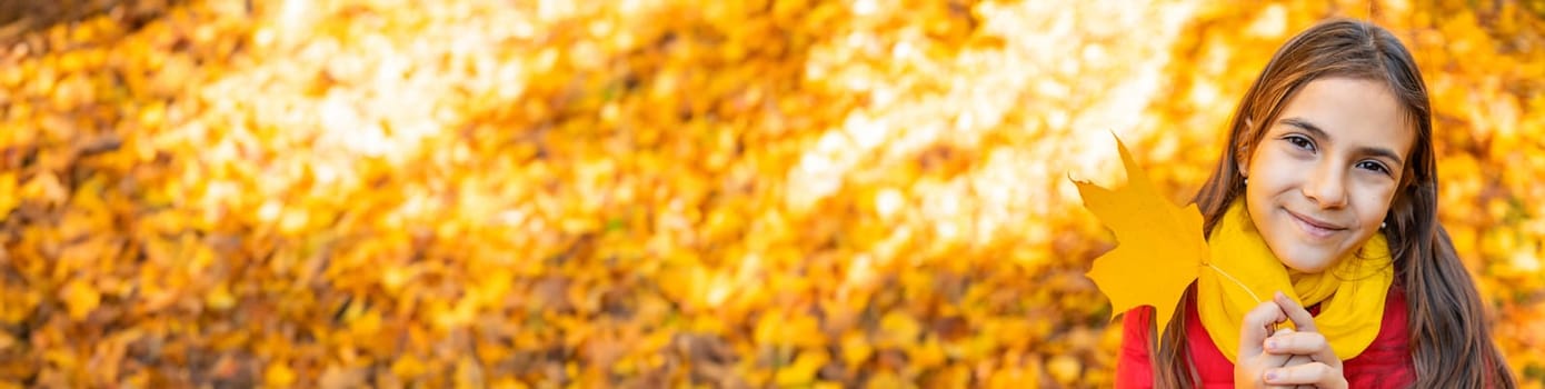 Autumn child in the park with yellow leaves. Selective focus. Kid.