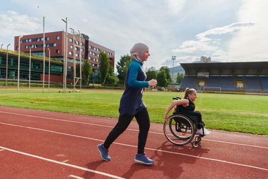 A Muslim woman in a burqa running together with a woman in a wheelchair on the marathon course, preparing for future competitions