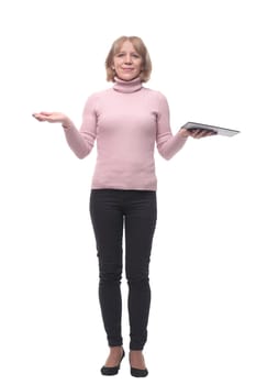 Full length portrait of business woman with clipboard looking at camera