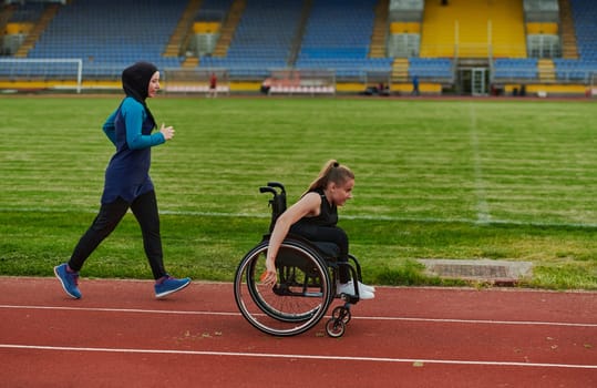 A Muslim woman in a burqa running together with a woman in a wheelchair on the marathon course, preparing for future competitions
