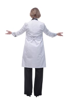 Full length back view of a health care worker standing isolated over white background