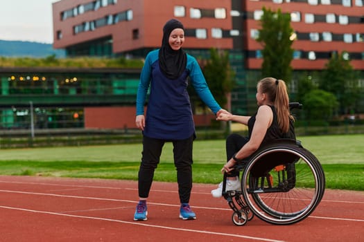 A Muslim woman wearing a burqa supports her friend with disability in a wheelchair as they train together on a marathon course