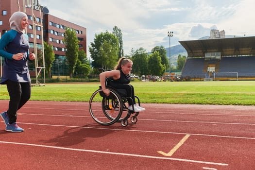 A Muslim woman in a burqa running together with a woman in a wheelchair on the marathon course, preparing for future competitions