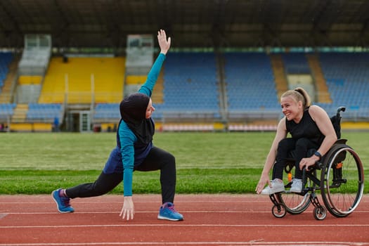 Two strong and inspiring women, one a Muslim wearing a burka and the other in a wheelchair stretching and preparing their bodies for a marathon race on the track.