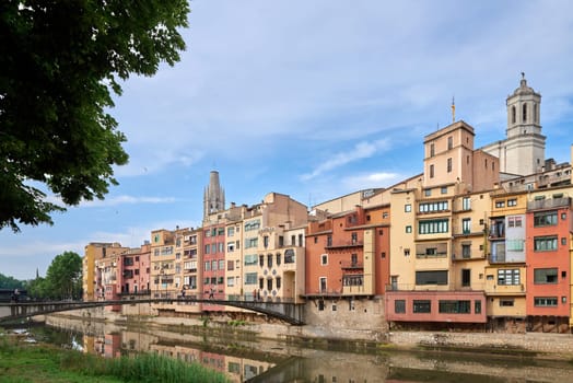 View of old town Girona, Catalonia, Spain, Europe. Summer travel.