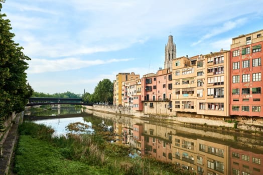 View of old town Girona, Catalonia, Spain, Europe. Summer travel.