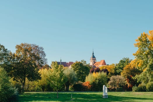 House with nice garden in fall. Flowers in the Park. Bietigheim-Bissingen. Germany, Europe. Autumn Park and house, nobody, bush and grenery