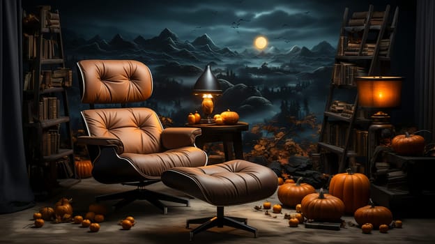 Gloomy Halloween background with spooky pumpkins, spooky Halloween haunted mansion. Evil house at night with full moon and bats.