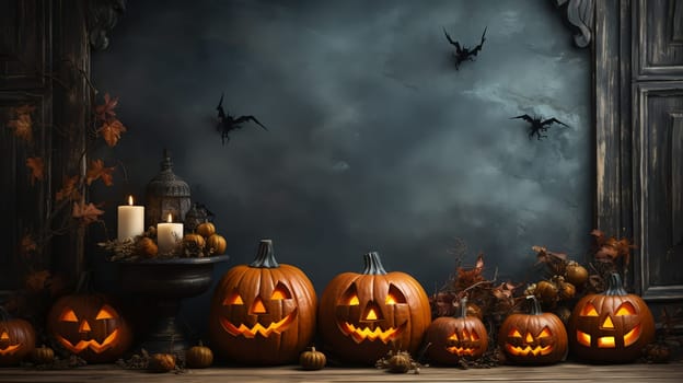 Gloomy Halloween background with spooky pumpkins, spooky Halloween haunted mansion. Evil house at night with full moon and bats.