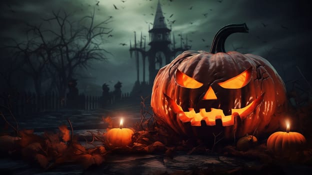 Gloomy Halloween background with spooky pumpkins, spooky Halloween haunted mansion. Evil house at night with full moon and bats.