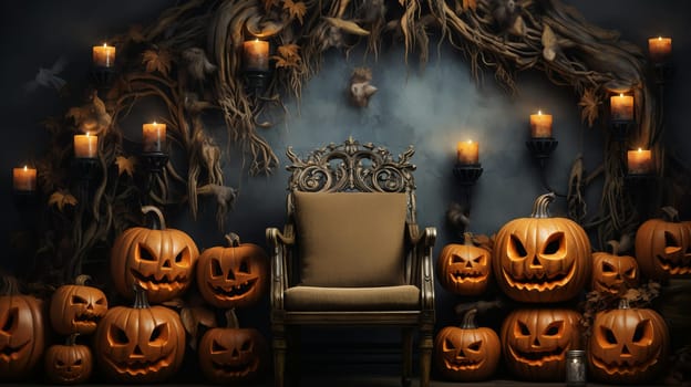 Gloomy Halloween background with spooky pumpkins, spooky Halloween haunted mansion. Evil house at night with full moon and bats.