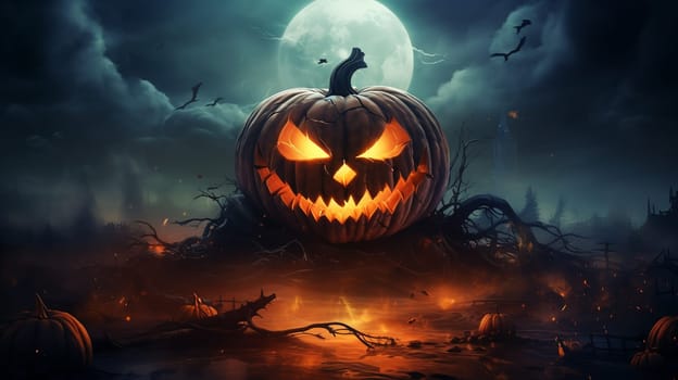 Gloomy Halloween background with spooky pumpkins, spooky Halloween haunted mansion. Evil house at night with full moon and bats.