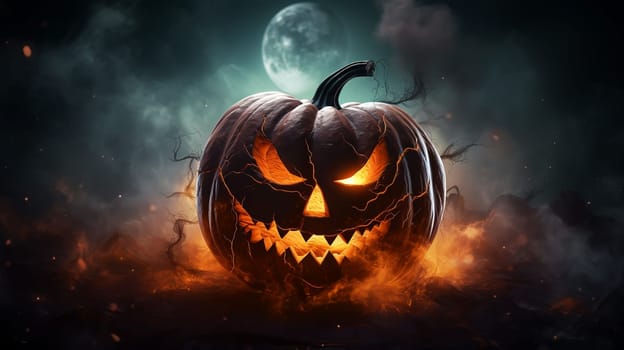 Gloomy Halloween background with spooky pumpkins, spooky Halloween haunted mansion. Evil house at night with full moon and bats.