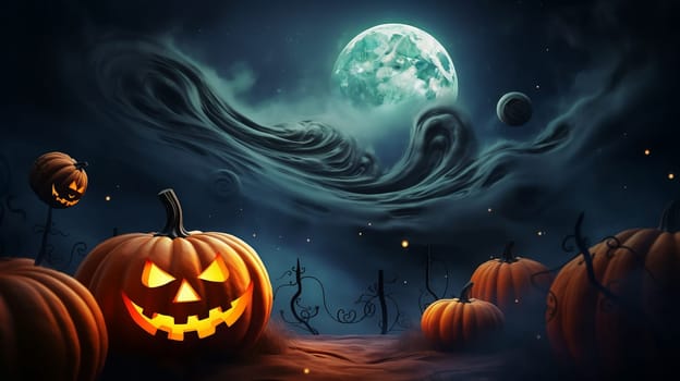 Gloomy Halloween background with spooky pumpkins, spooky Halloween haunted mansion. Evil house at night with full moon and bats.