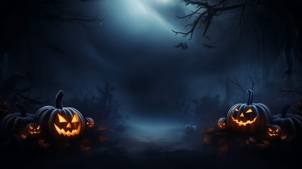 Gloomy Halloween background with spooky pumpkins, spooky Halloween haunted mansion. Evil house at night with full moon and bats.