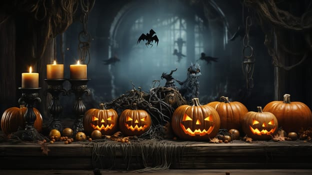 Gloomy Halloween background with spooky pumpkins, spooky Halloween haunted mansion. Evil house at night with full moon and bats.