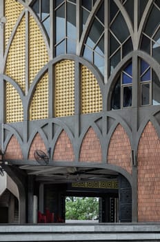 Bangkok,Thailand - May 28, 2023 - Architecture design View of The Foundation of the Central Mosque and Islamic Center of Thailand. The detail of classic exterior building built for Islamic Affairs are designed with elegant, Mosque art concept, Space for text, Selective focus.