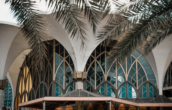Bangkok,Thailand - May 28, 2023 - Architecture design View of The Foundation of the Central Mosque and Islamic Center of Thailand. The detail of classic exterior building built for Islamic Affairs are designed with elegant, Mosque art concept, Space for text, Selective focus.