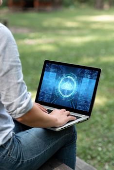 Woman Typing On Laptop Sitting Outside Side View Working From Home.