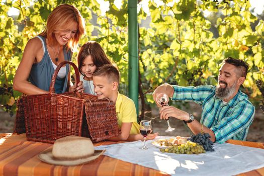 Beautiful young smiling family of four having picnic at a vineyard.