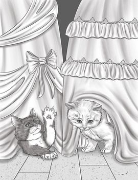 Two Small Cats Playing And Hiding Below Party Dress Colorless Line Drawing.
