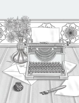 Vintage Typewriter Placed On A Desk With Vase Paper Envelop Line Drawing.