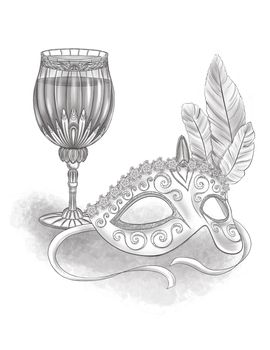 Masquerade Mask With Feathers Beside A Glass Full Of Wine Line Drawing.
