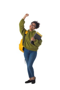 Full length portrait of pretty smiling african american girl university student hold arm fist raised up isolated on white background