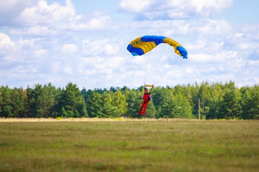 Landing skydivers-athletes with a parachute on the ground. High quality photo. Kirzhach Russia July 22, 2023