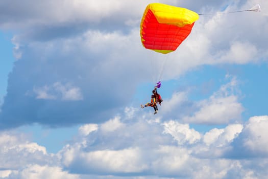 Jump in tandem skydivers-athletes with a parachute. Kirzhach Russia July 22, 2023