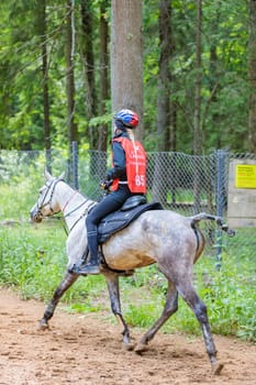 A rider rides a horse in a competition. Moscow Russia July 1, 2023. High quality photo