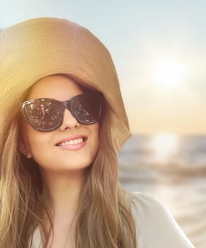 Beauty, summer holiday and fashion, face portrait of happy woman wearing hat and sunglasses by the sea, for sunscreen spf cosmetics and beach lifestyle look idea