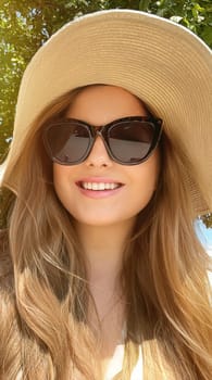 Beauty, summer holiday and fashion, face portrait of happy woman wearing hat and sunglasses, for skincare cosmetics, sunscreen spf lifestyle look idea