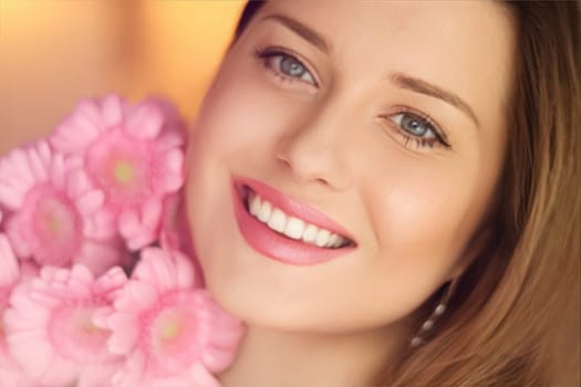 Beauty, holiday and bridal makeup, beautiful woman with pink flowers bouquet as cosmetics, perfume and face skincare portrait