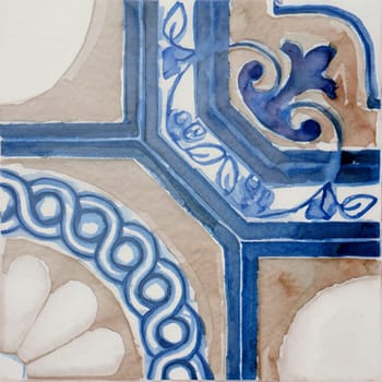 Watercolor illustration of portuguese ceramic tiles pattern. Single square tile.