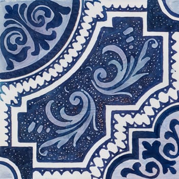 Watercolor illustration of portuguese ceramic tiles pattern. Single square tile.