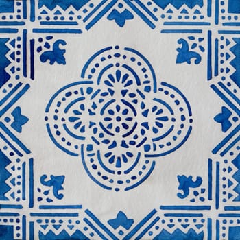 Watercolor illustration of portuguese ceramic tiles pattern. Single square tile.