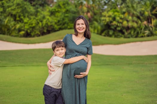 A heartwarming moment captured in the park as a pregnant woman after 40 shares a special bond with her teenage son, embracing the beauty of mother-daughter connection.