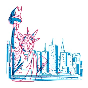 Risograph technique illustration of the Statue of Liberty with New York City skyline in the background done in retro riso effect digital screen printing style.
