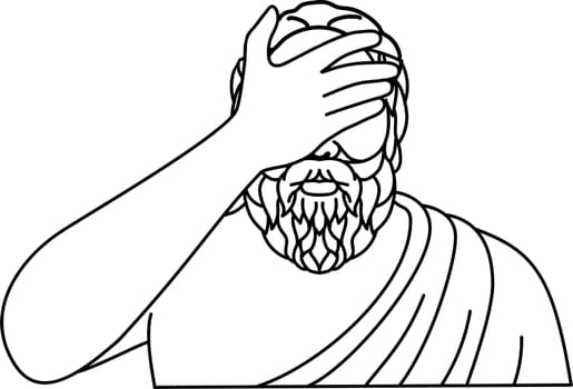 Mono line illustration of Socrates, a Greek  Philosopher doing a facepalm gesture in  disbelief, shame or exasperation done in monoline line art style.
