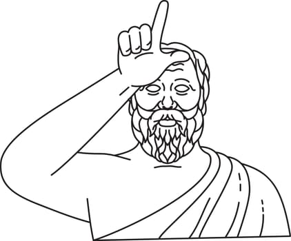 Mono line illustration of a Socrates Greek philosopher making the Loser hand gesture made by placing the hand in the L shape near the forehead a demeaning sign done in monoline line art style.
