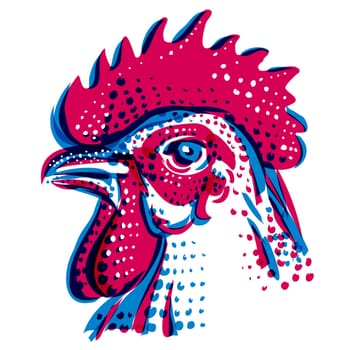 Risograph technique illustration of a head of a rooster viewed from side in retro riso effect digital screen printing style.
