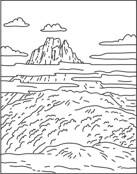 Mono line illustration of Pyrenees National Park or Parc national des Pyrenees located within the departments of Hautes-Pyrenees and Pyrenees-Atlantiques in France done in monoline line art style.