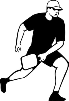 Retro style illustration of a pickleball player with racket or paddle doing a backhand stroke on isolated background done in black and white.