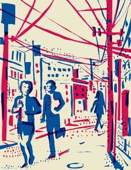 Risograph technique illustration of an urban city street scene with pedestrians walking along the shops and stores done in retro riso effect digital screen printing style.
