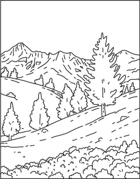 Mono line illustration of Mercantour National Park or Parc national du Mercantour located in the Alpes-de-Haute-Provence and Alpes-Maritimes departments in France done in monoline line art style.
