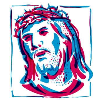 Risograph technique illustration of a head of Jesus Christ with a crown of thorns done in retro riso effect digital screen printing style.

