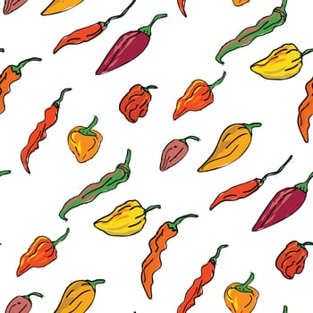 Tile seamless pattern in drawing sketch style illustration of a collection or set of different hot chili peppers on isolated white background.
