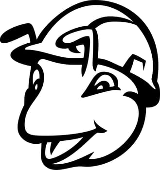 Mascot illustration of head of a construction worker ant wearing a hard hat smiling viewed from front  on isolated background in retro cartoon style.