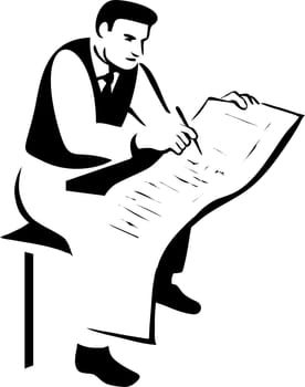 Retro style illustration of a businessman writing a long list on isolated background done in black and white.